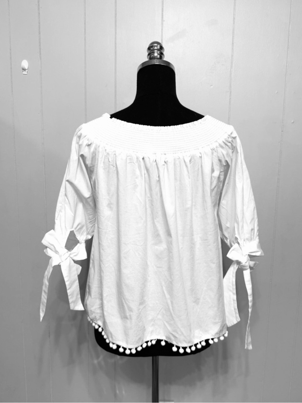 #14)  White Off-Shoulder Pom Pom Tie-Sleeve Top